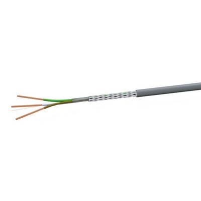Třípólový elektrický kabel s šedým pláštěm, který obsahuje měděné vodiče v barvách hnědá, modrá a zeleno-žlutá.