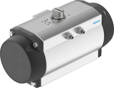 Stříbrný pneumatický aktuátor od Festo se dvěma přípoji a rotačním mechanismem, používaný pro systémy řízení ventilů.