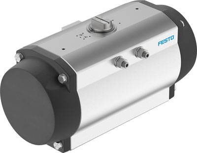 Stříbrný pneumatický pohon s černými koncovými krytkami a logem Festo, používaný pro řízení ventilů v průmyslových zařízeních.