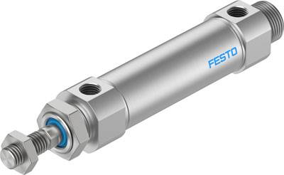 Stříbrný pneumatický válec s modrým nápisem "Festo" a dvěma závitovými připojeními na koncích.