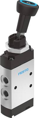 Pneumatický ruční ventil Festo v černé a stříbrné barvě určený pro manuální řízení pneumatických systémů, vybavený dvěma vzduchovými přípojkami.