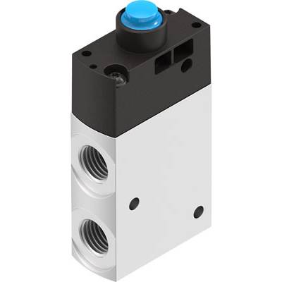 Pneumatický ventil v obdélníkovém tvaru s černým tělem a modrým tlačítkem. Po stranách jsou viditelné dva vstupy. Elektromagnetický řídicí ventil.