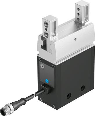 Pneumatickýuchopovač, stříbrno-černý, s kabelovým připojením, speciálně vyvinutý pro průmyslové automatizační procesy.