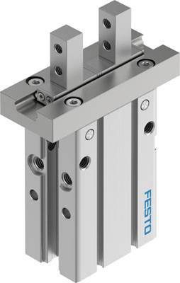 Pneumatický paralelní úchop od Festo se dvěma úchopnými čelistmi. Vhodný pro přesné uchopení a držení objektů v automatizačních systémech.
