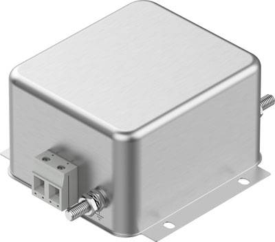 Kovová elektrická součástka s obdélníkovým pouzdrem a přívody na bocích, namontovaná na základní desce.