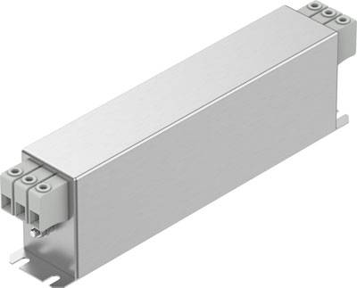 Obdélníkový šedý box s přípojkami na koncích, pravděpodobně elektrický filtr nebo podobná komponenta.