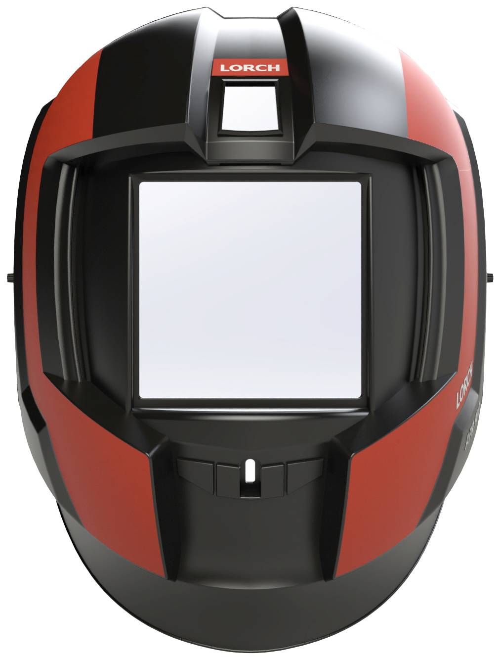 Svařovací helma v černé a červené barvě s obdélníkovým průhledovým otvorem a logem značky nahoře.