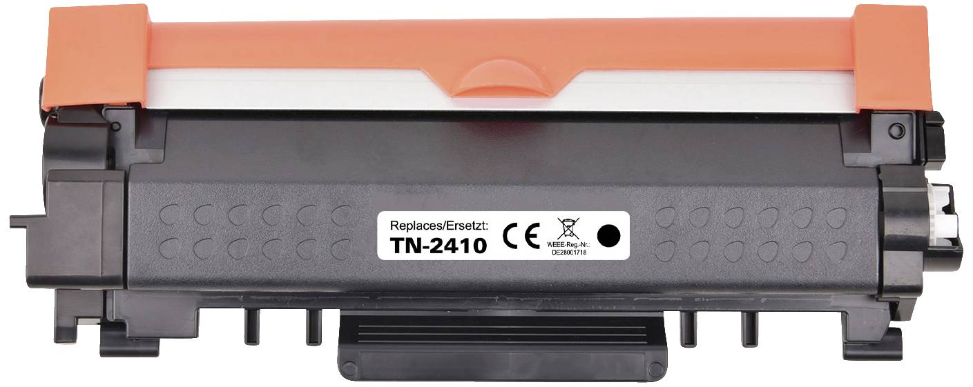 Černá tonerová kazeta s oranžovou rukojetí, označená štítkem 'Náhrada TN-2410', vhodná pro tiskárny.