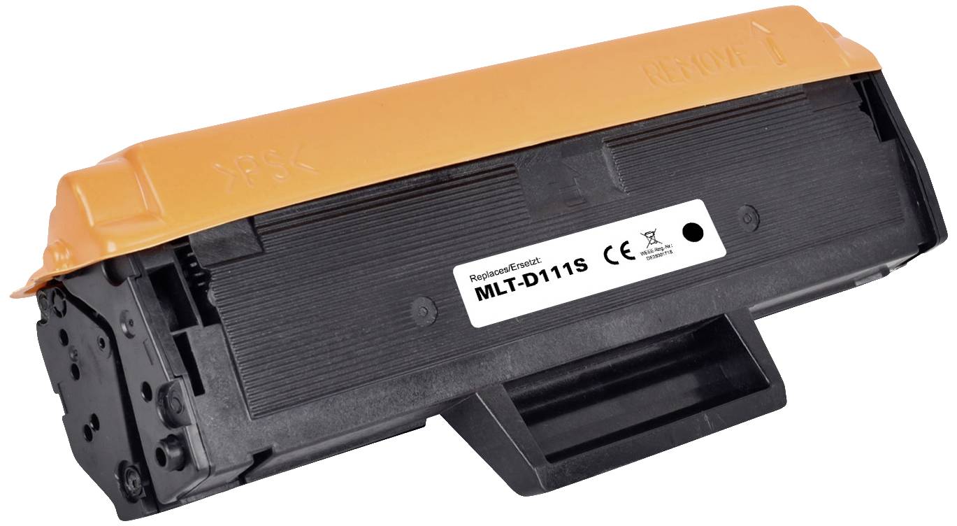 Černá tonerová kazeta s oranžovým krytem, model 'MLT-D111S', zobrazená s bezpečnostními a recyklačními symboly.