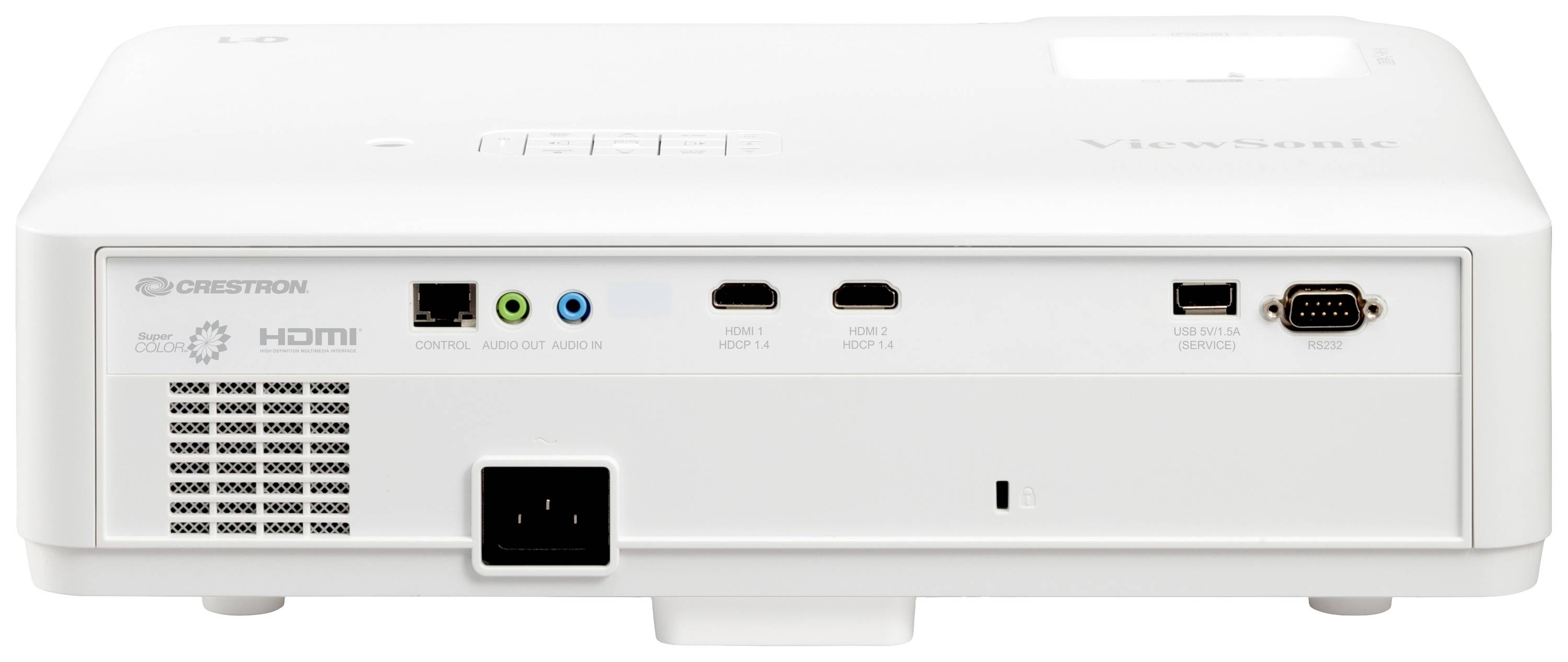 Zadní strana projektoru s přípojkami: HDMI, VGA, USB, LAN a audio vstupy. Viditelný název značky 'ViewSonic'.