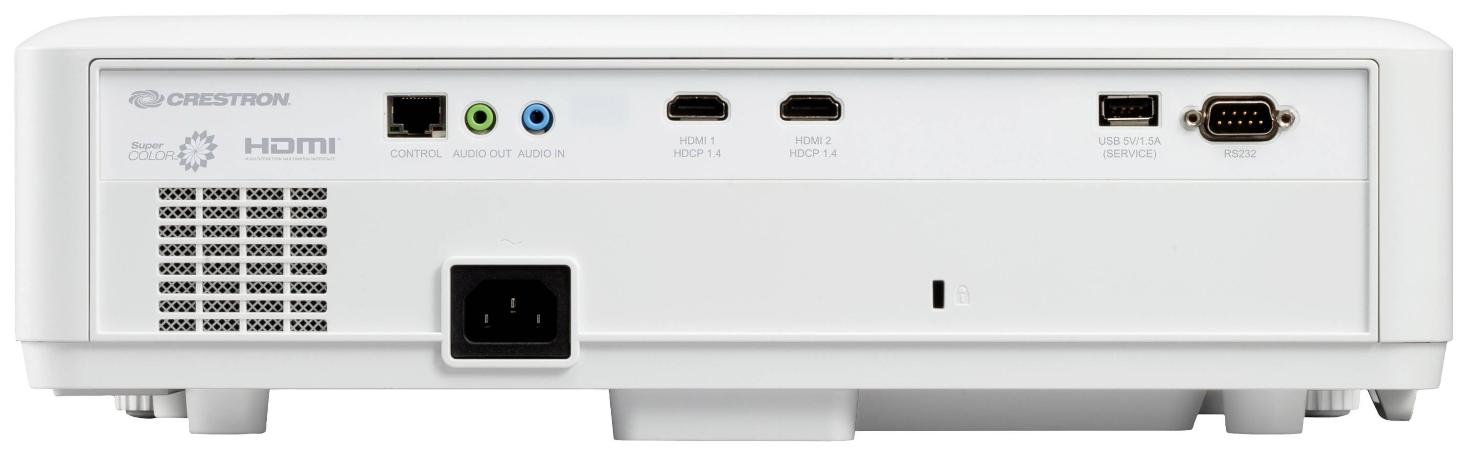 Zadní strana projektoru s několika konektory, včetně HDMI, USB a audio portů.