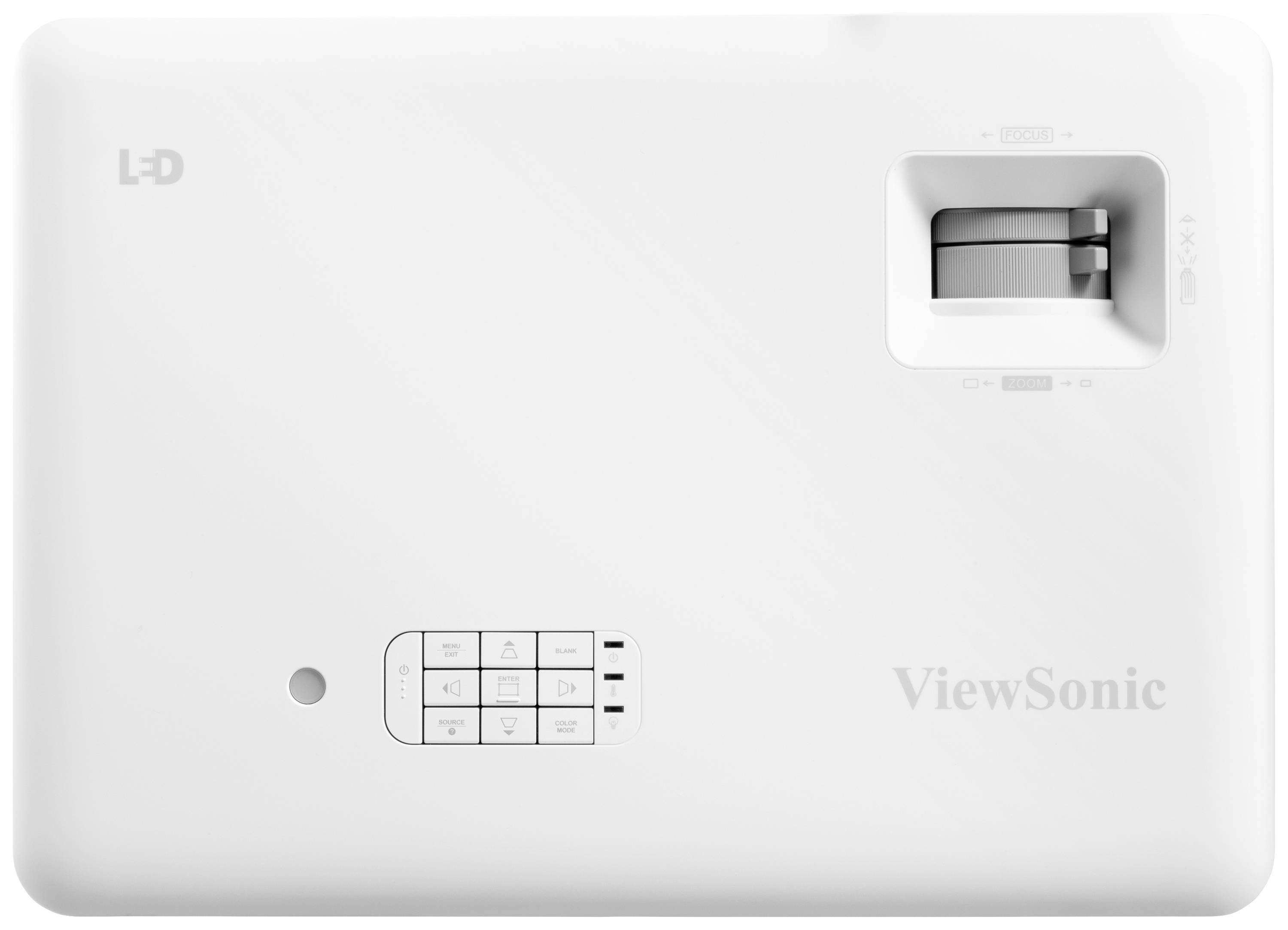 Bílý LED projektor od ViewSonic s ovládacími prvky na horní straně.