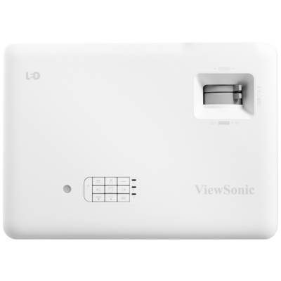 Bílý LED projektor od ViewSonic s ovládacími prvky na horní straně.