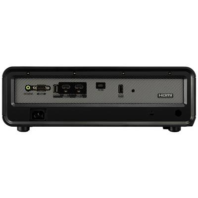 Pohled zezadu na elektronické zařízení s různými konektory, včetně HDMI, USB-C a audio vstupů/výstupů.