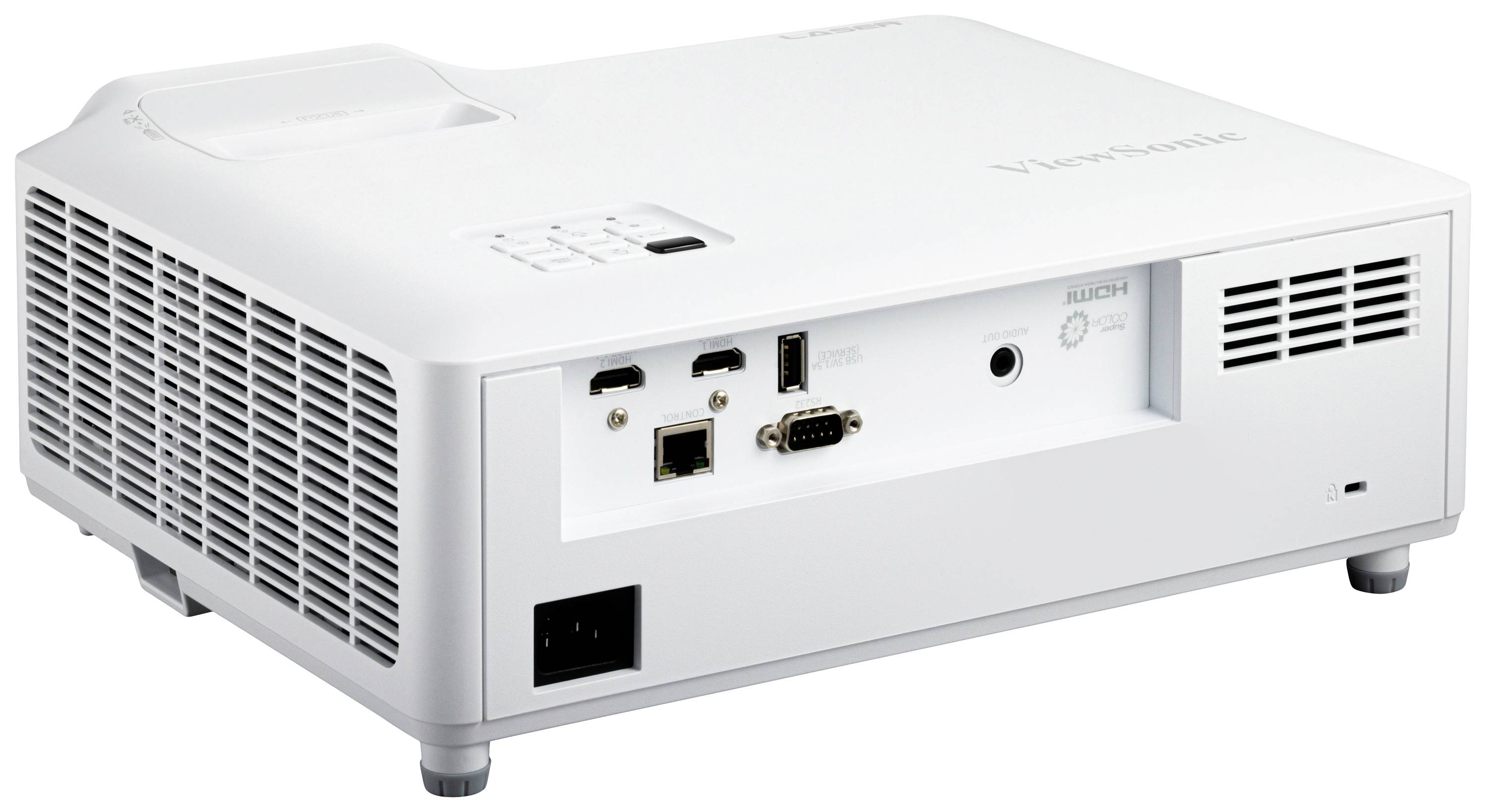 Bílý projektor ze strany, ukazující možnosti připojení jako jsou HDMI, VGA a USB porty, vhodný pro prezentace.