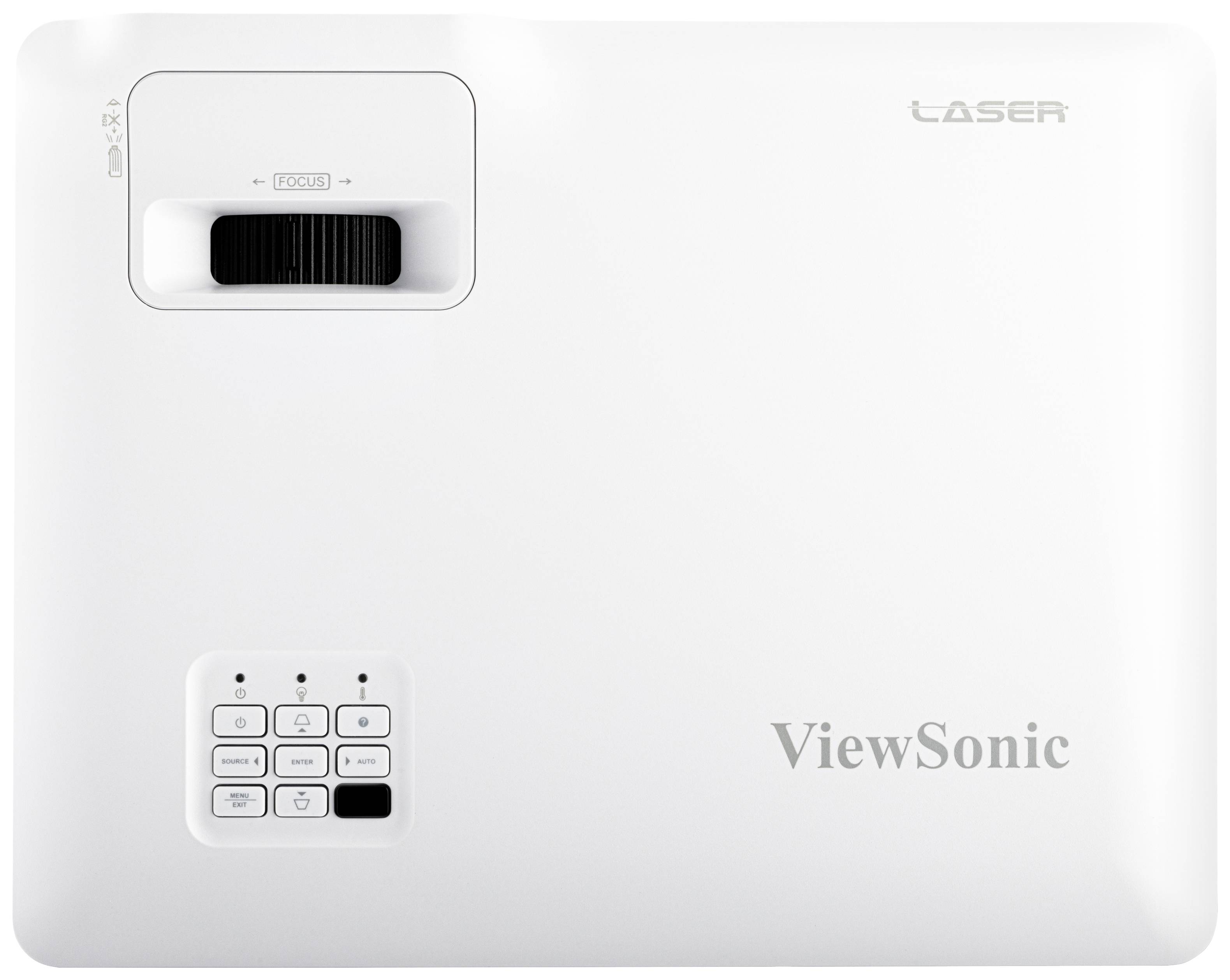 Bílý projektor ViewSonic s klávesnicí, laserovým popisem vpravo nahoře a větracími mřížkami vlevo nahoře na horní straně.