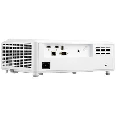 Bílý projektor zezadu, s různými porty včetně HDMI, USB, LAN a napájecího konektoru.