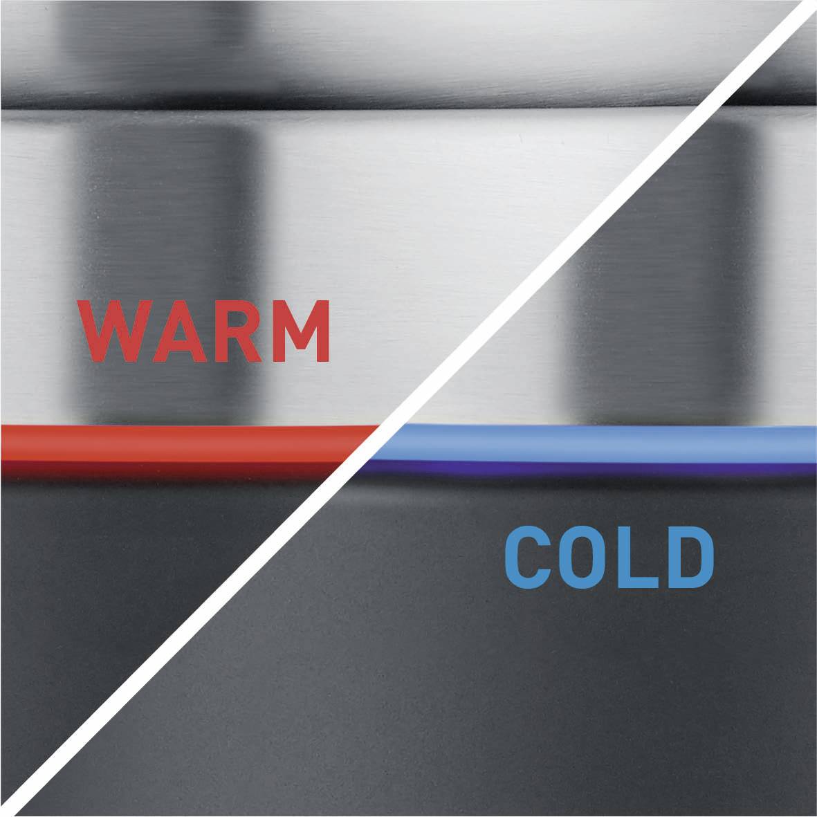 'WARM' v červené a 'COLD' v modré barvě na kovovém pozadí, symbolizuje teplotní rozdíly pomocí červených a modrých čar.