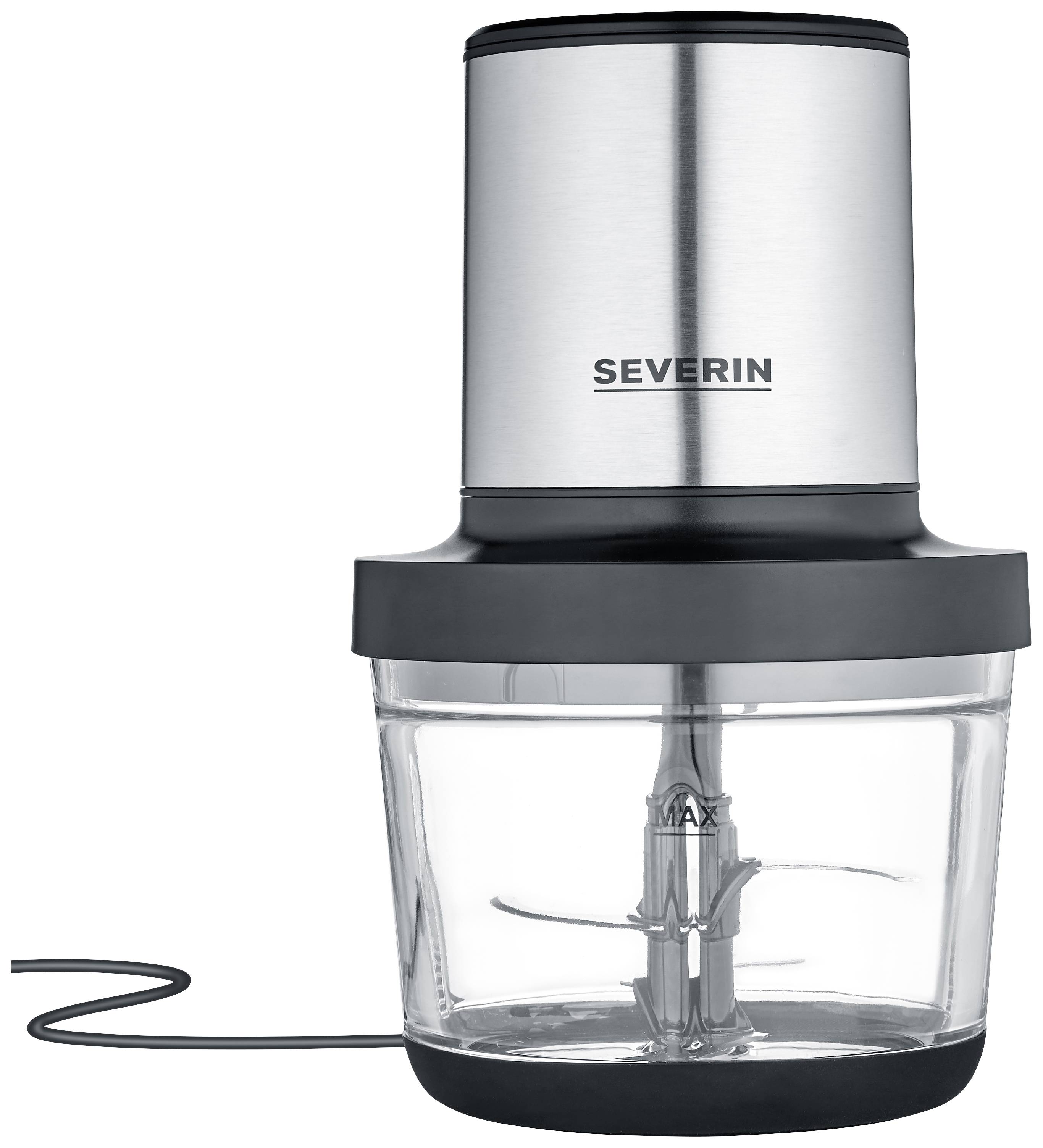 Elektrický kuchyňský sekáček se stříbrným kovovým horním dílem a průhlednou nádobou. Značka: Severin. Neutrální pozadí.