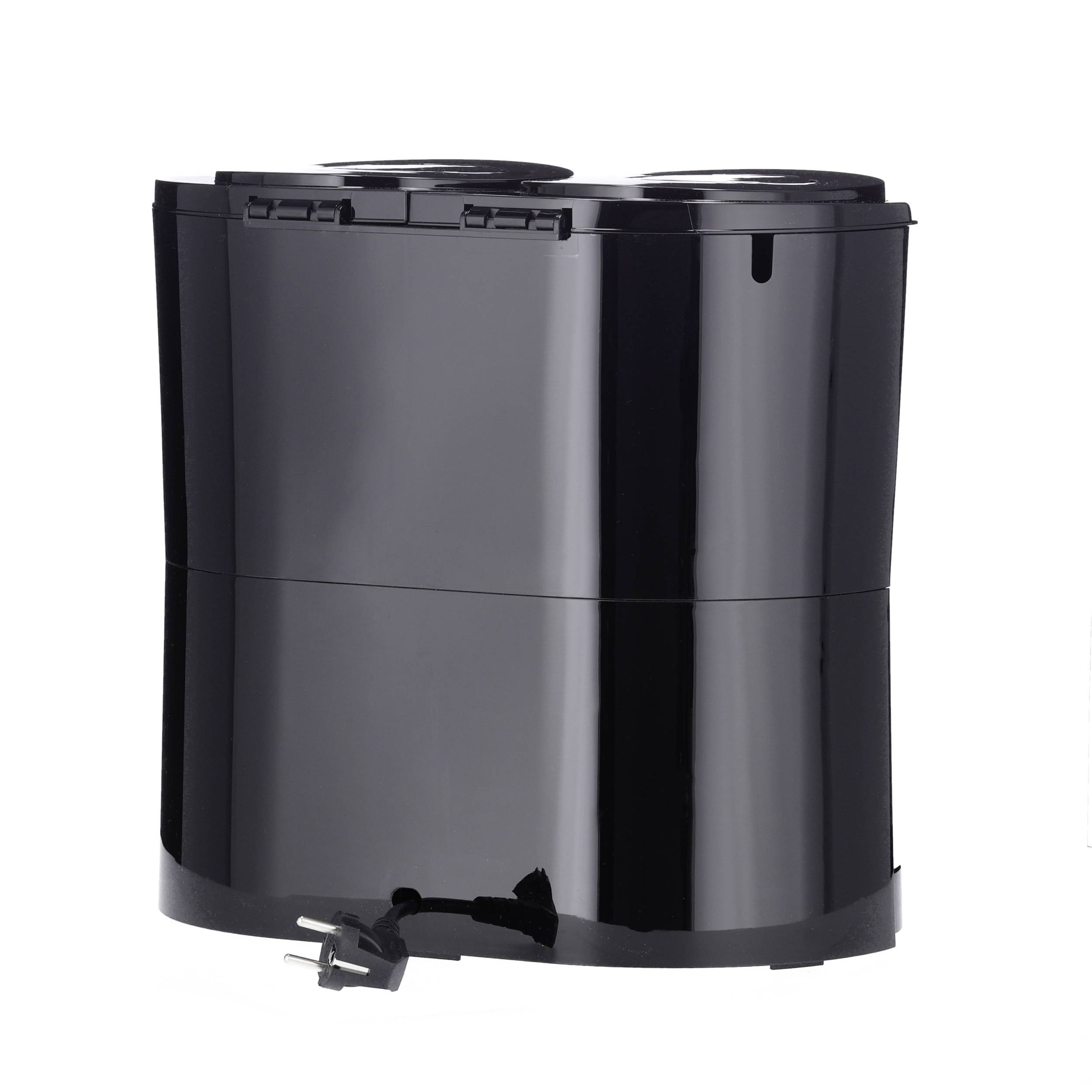 Černý elektrický odpadkový koš se dvěma nádobami, vhodný pro kuchyňský odpad a recyklaci.