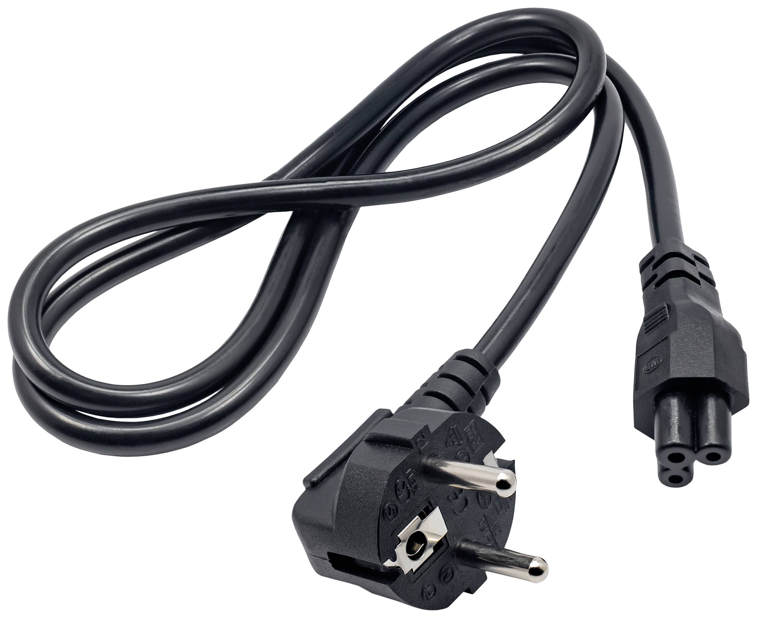 Černý síťový kabel se Schuko zástrčkou a zásuvkou pro studené spotřebiče, vhodný pro evropské elektrospotřebiče.