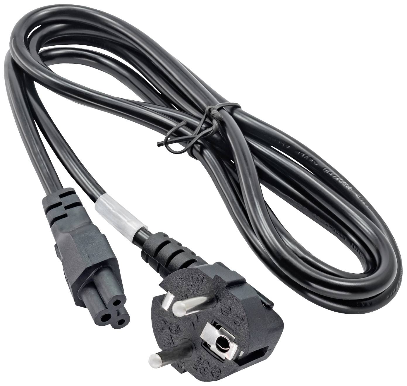 Černý síťový kabel s EU zástrčkou a třípólovým připojením, vhodný pro elektronická zařízení.