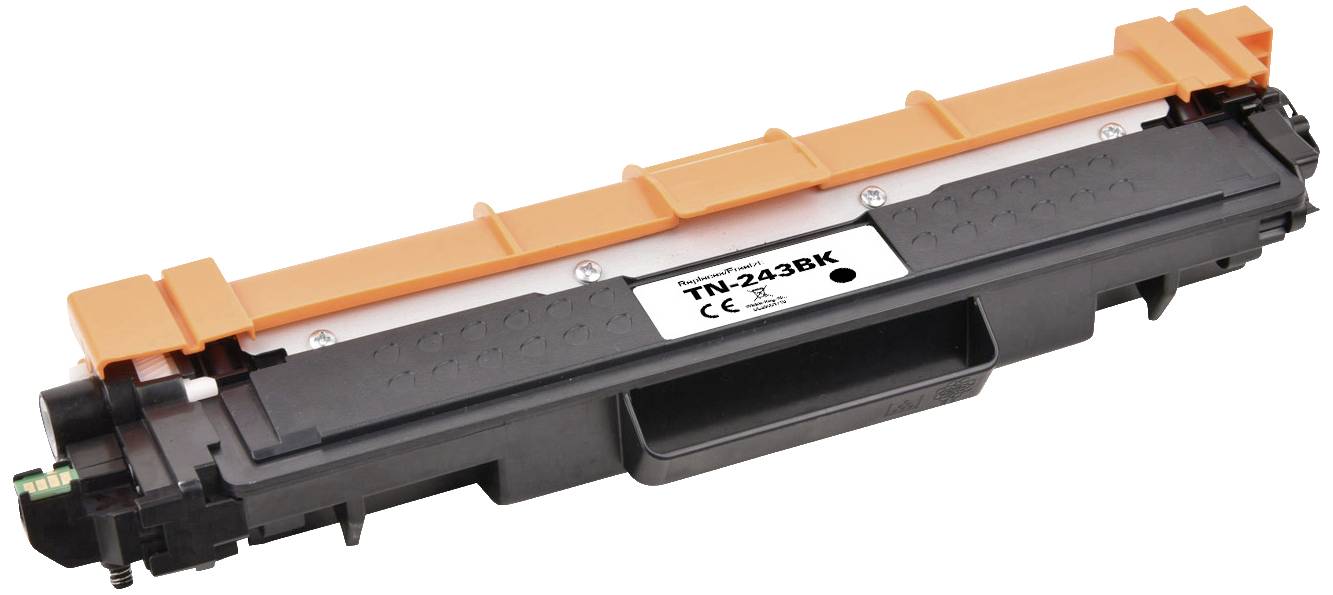 Černá tonerová kazeta s oranžovým krytem. Modely kompatibilní s TN-243BK.