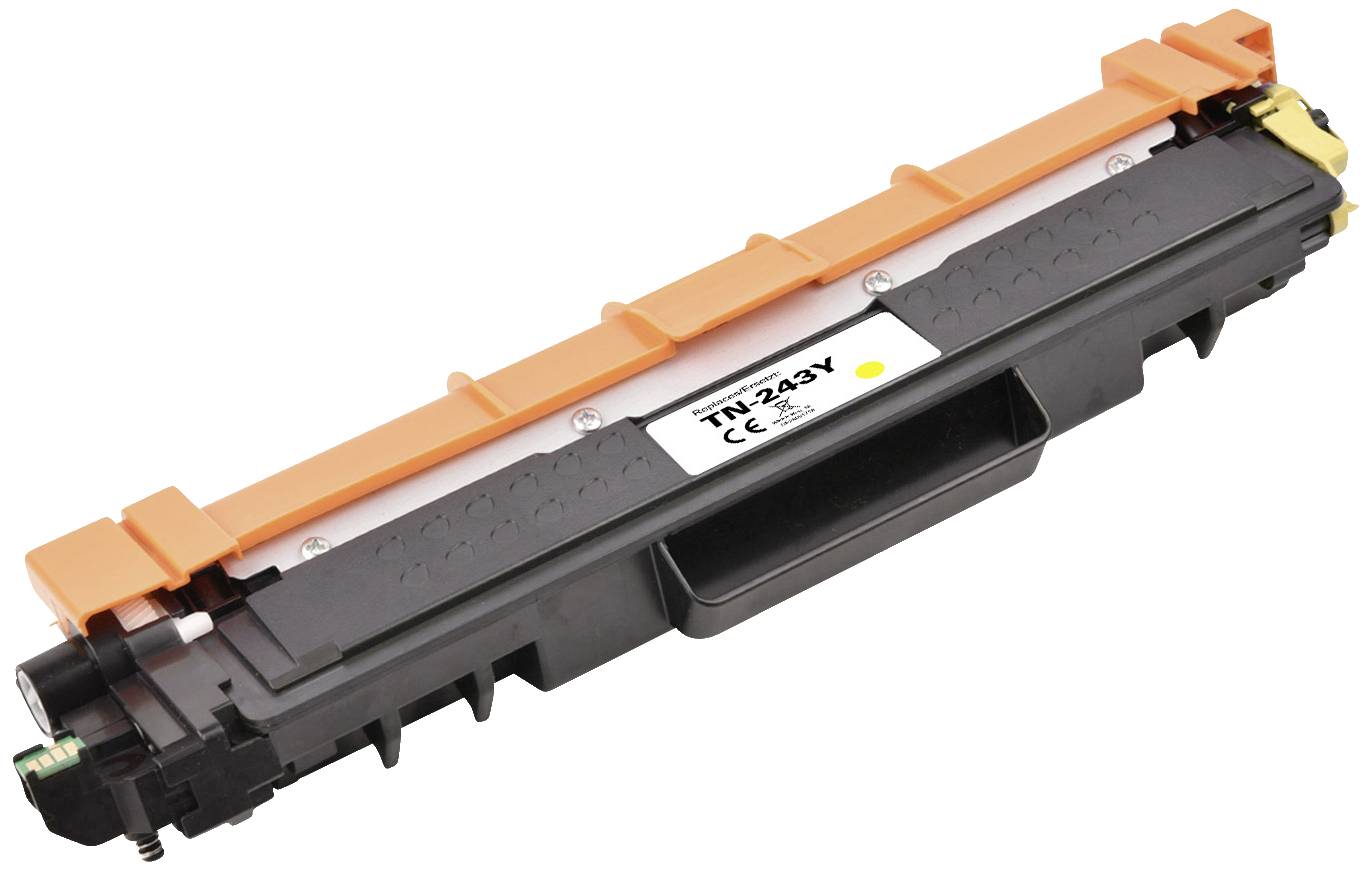 Spotřební materiál SW TN-245Y CE343, černý a žlutý toner pro tiskárnu, obdélníkového tvaru, s oranžovými úchyty.