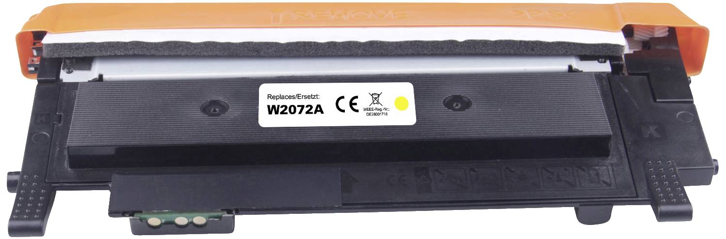 Tonerová kazeta do tiskárny, kompatibilní s modelem 'W2072A', černé tělo s oranžovými prvky, vhodná pro laserové tiskárny.
