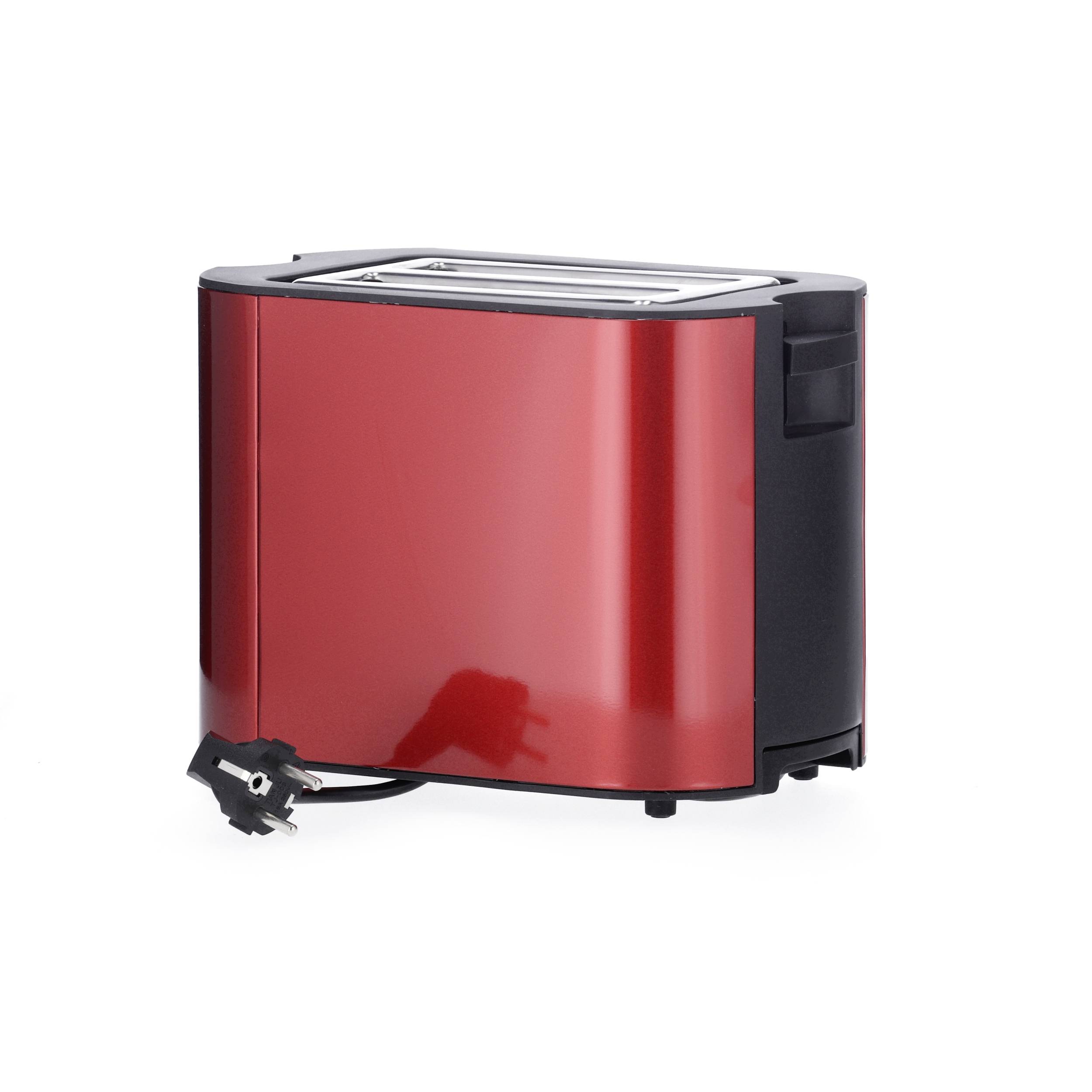 Červený toustovač na bílém pozadí se dvěma otvory pro toastové plátky a černým síťovým kabelem po straně.