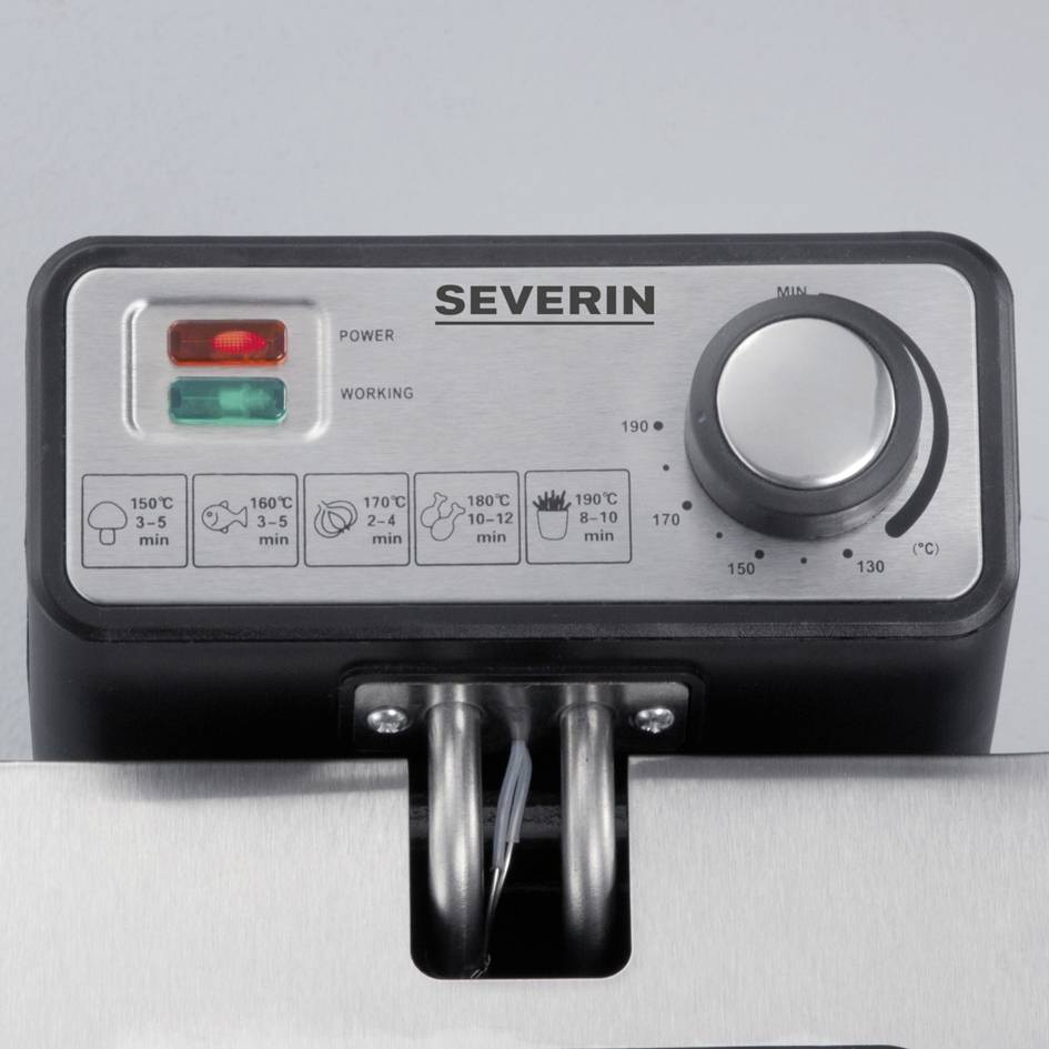 Přední pohled na kuchyňský přístroj Severin s regulací teploty od 130°C do 190°C. Dva indikátory světel signalizují 'Napájení' a 'Provoz'.