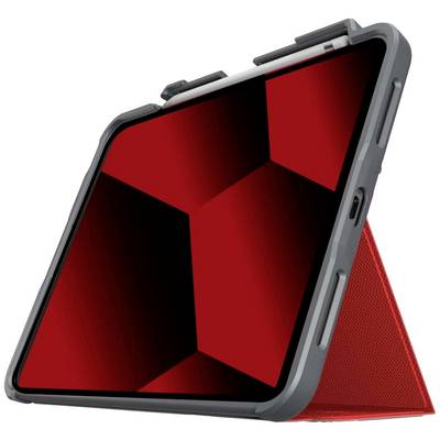 Tablet s červeným geometrickým vzorem na obrazovce. Je v ochranném pouzdře a je umístěno na výšku.