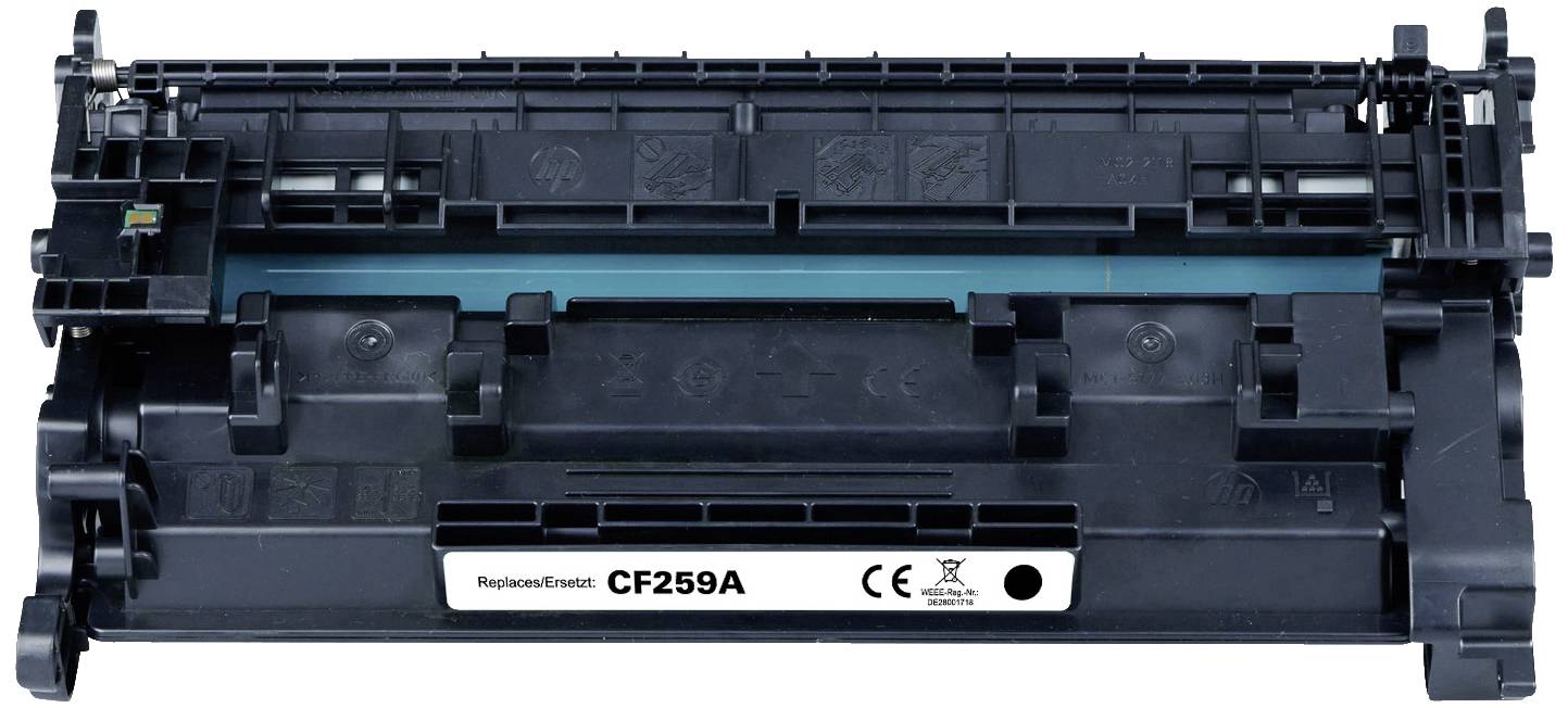 Černá tonerová kazeta tiskárny, model 'CF259A', zobrazená se svými součástmi a číslem modelu.