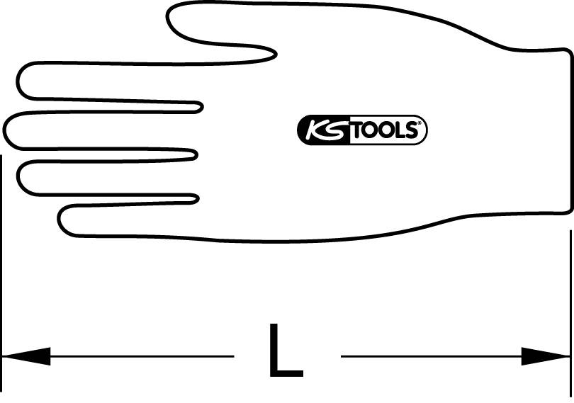 Kresba ruky s logem 'KS TOOLS' na hřbetu ruky. Pod ní měřicí šipka s označením 'L' znázorňující délku.