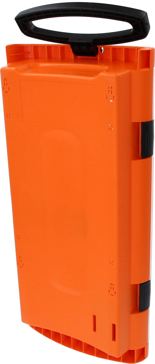 Oranžový plastový uzávěr s černou rukojetí, vertikálně orientovaný.