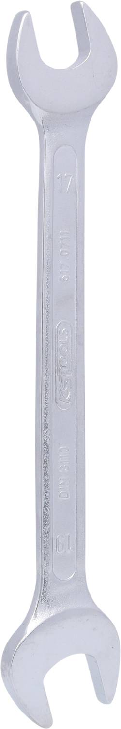 Stříbrný klíč s otevřenými čelistmi o dvou různých velikostech; standardní nástroj pro povolování matic a šroubů.