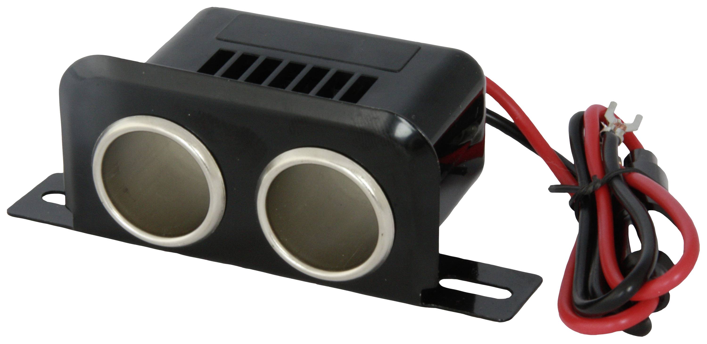 Elektronický senzor se dvěma kruhovými kovovými komponenty vpředu, kabel s červeným a černým vodičem připevněný po straně.