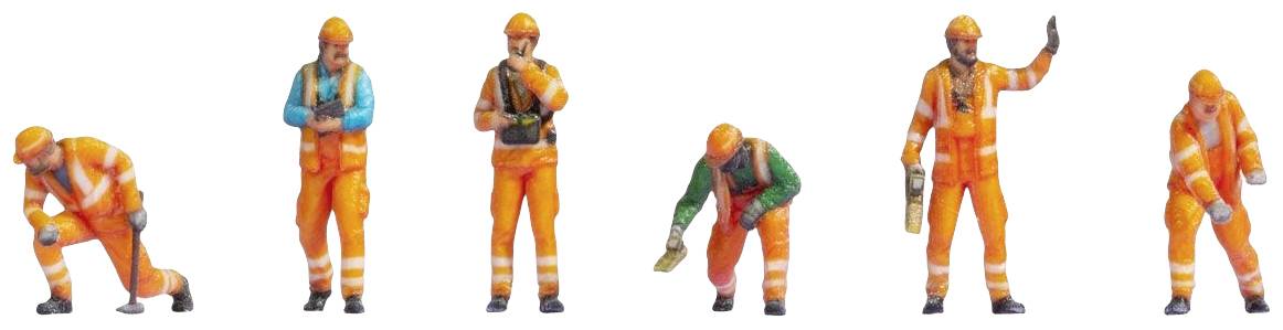 Šest miniaturních figurek v barevných pracovních uniformách: Tři stojí, tři klečí nebo se ohýbají, v každém případě s nástroji v rukou.