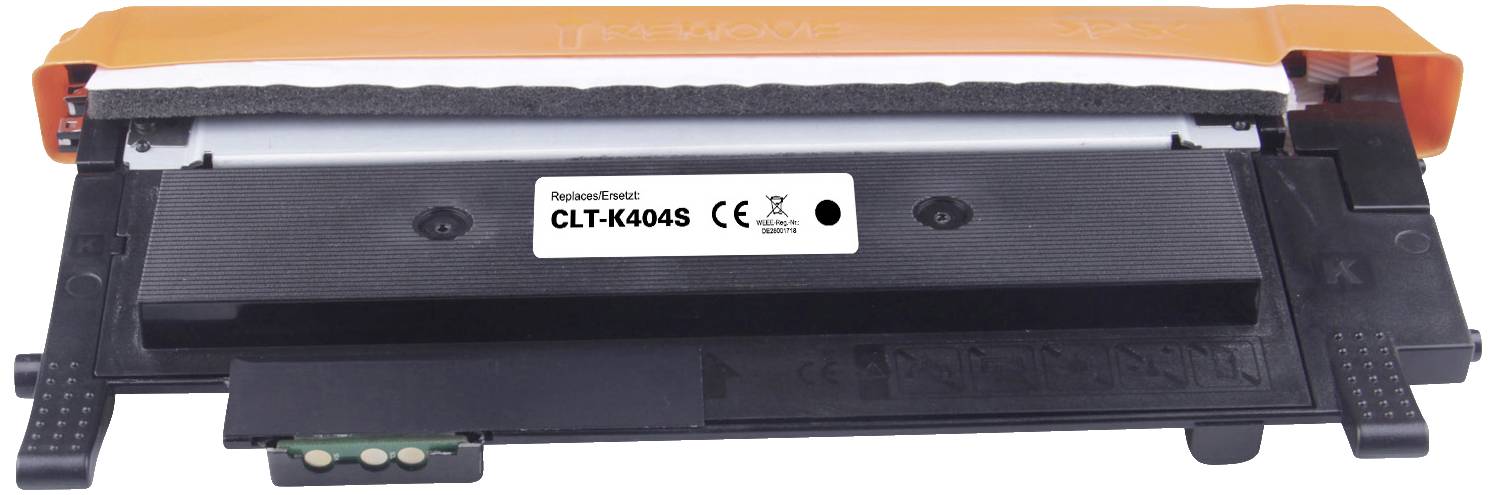 Tonerová kazeta s nápisem 'Náhrada za CLT-K404S', vhodná pro tiskárny Samsung, na bílém pozadí.