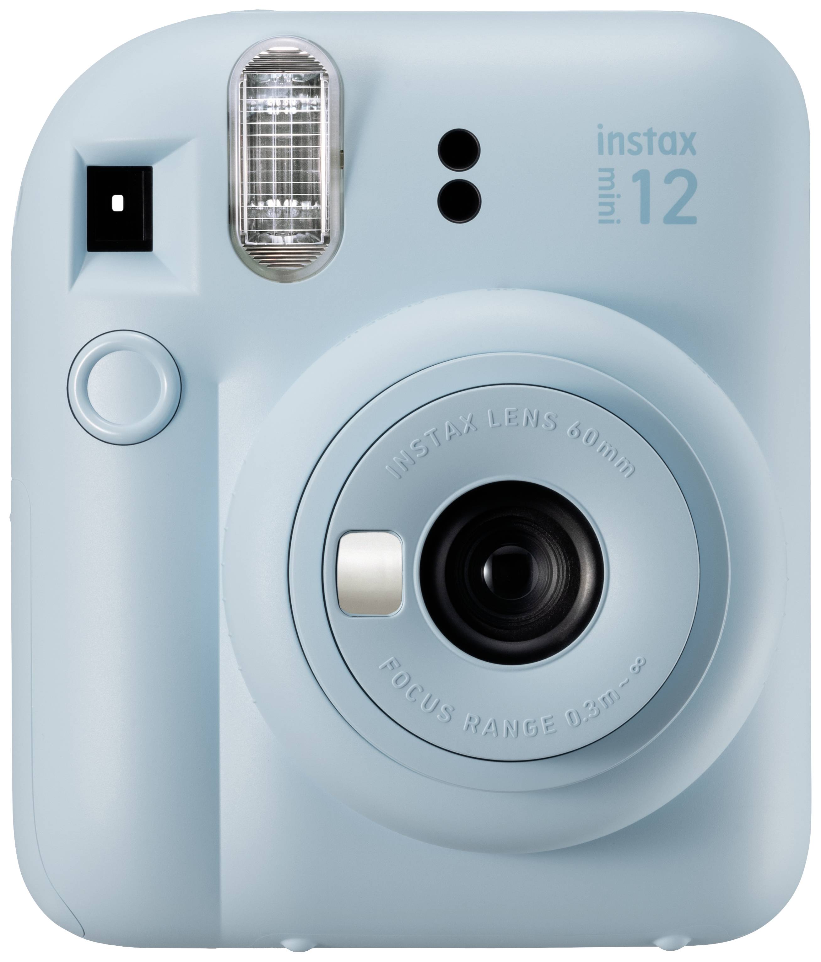 Světle modrý instantní fotoaparát, model 'instax mini 12', s vestavěným bleskem a 60mm objektivem pro detailní snímky.