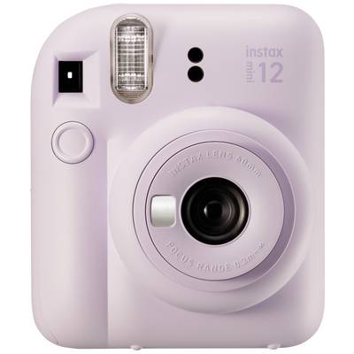 Fialový instantní fotoaparát s nápisem 'instax mini 12'.