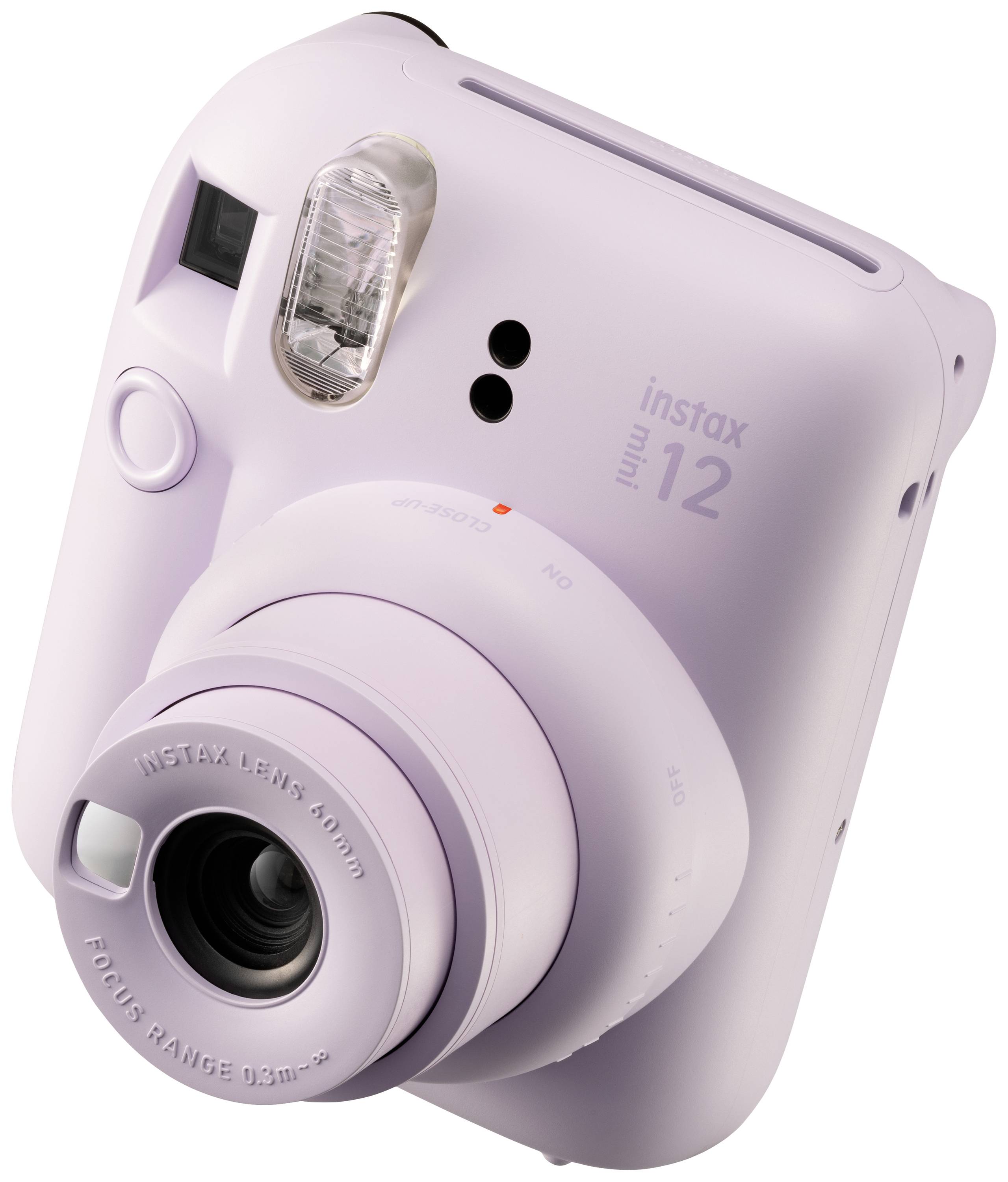 Fialový instantní fotoaparát instax mini 12 s objektivem a bleskem, vhodný pro spontánní fotografování.