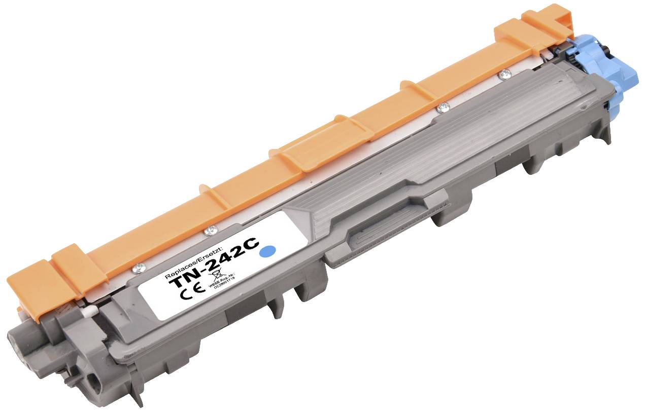 Azurový toner pro tiskárny, model 'TN-242C', s označením CE.