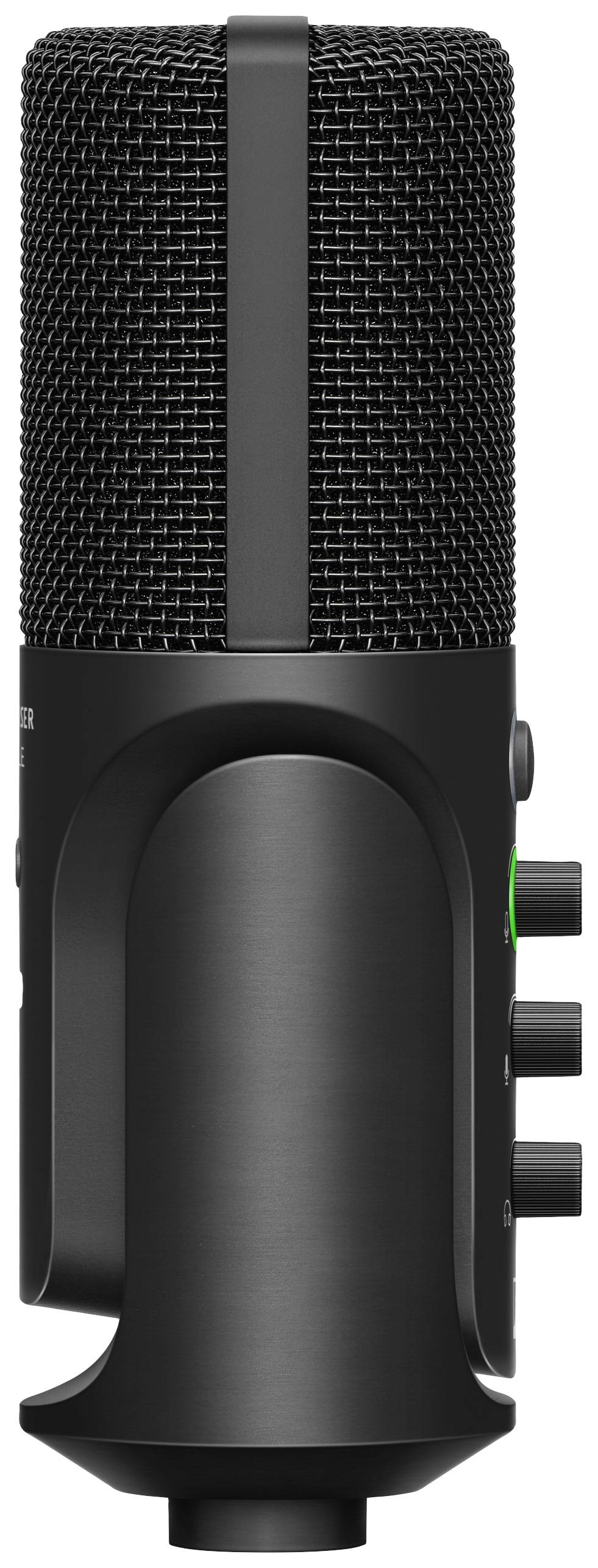 Černý USB mikrofon s několika ovladači na straně, vhodný pro audionahrávky nebo podcasty, na bílém pozadí.