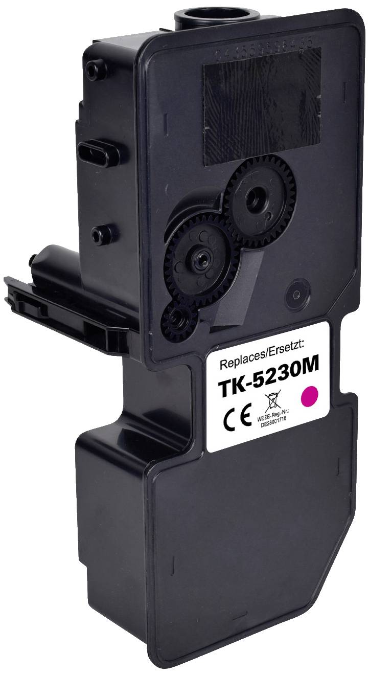 Černá tonerová kazeta s potiskem 'Replaces/Ersetzt: TK-5230M'. Zobrazuje ozubená kola a označení CE.