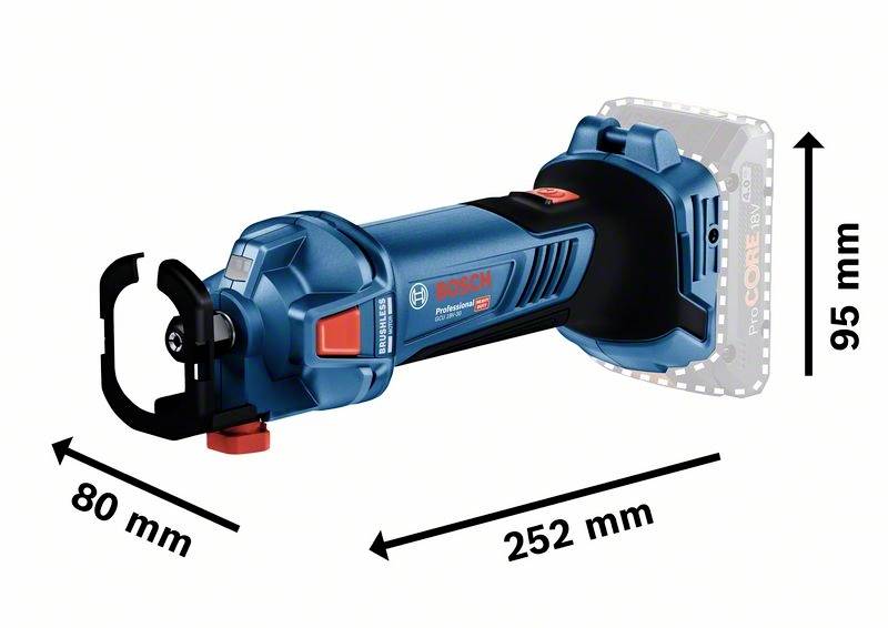 Obrázek aku-pily Bosch. Rozměry: 252 mm dlouhá, 80 mm široká, 95 mm vysoká. Pilový list a ochranný kryt jsou viditelné.