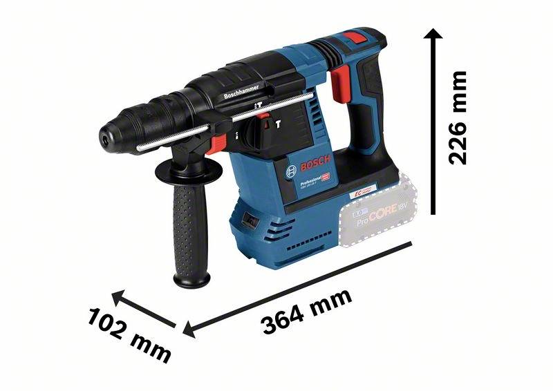 Obrázek modrého vrtacího kladiva Bosch Professional s rozměry: 364 mm délka, 102 mm šířka, 226 mm výška.