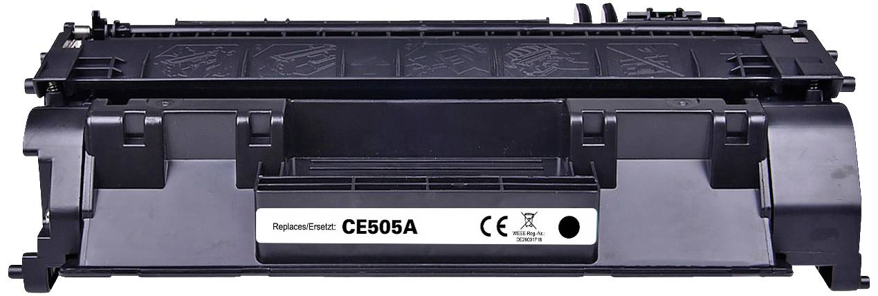 Černá tisková kazeta s etiketou 'Replace for CE505A' vpředu. Obsahuje CE a recyklační symboly. Vhodná pro laserové tiskárny.