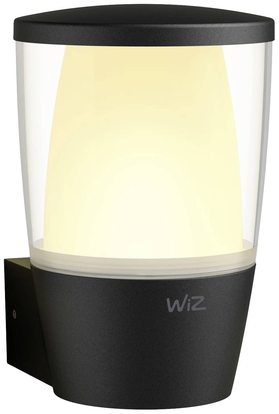 Moderní venkovní svítidlo s černým tělem a čirým sklem, které vyzařuje teplé světlo. Logo 'WiZ' na přední straně.