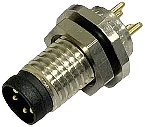 Kovový konektor se závitem, černým plastovým koncem a několika zlatými kontakty, vhodný pro elektronické připojení.
